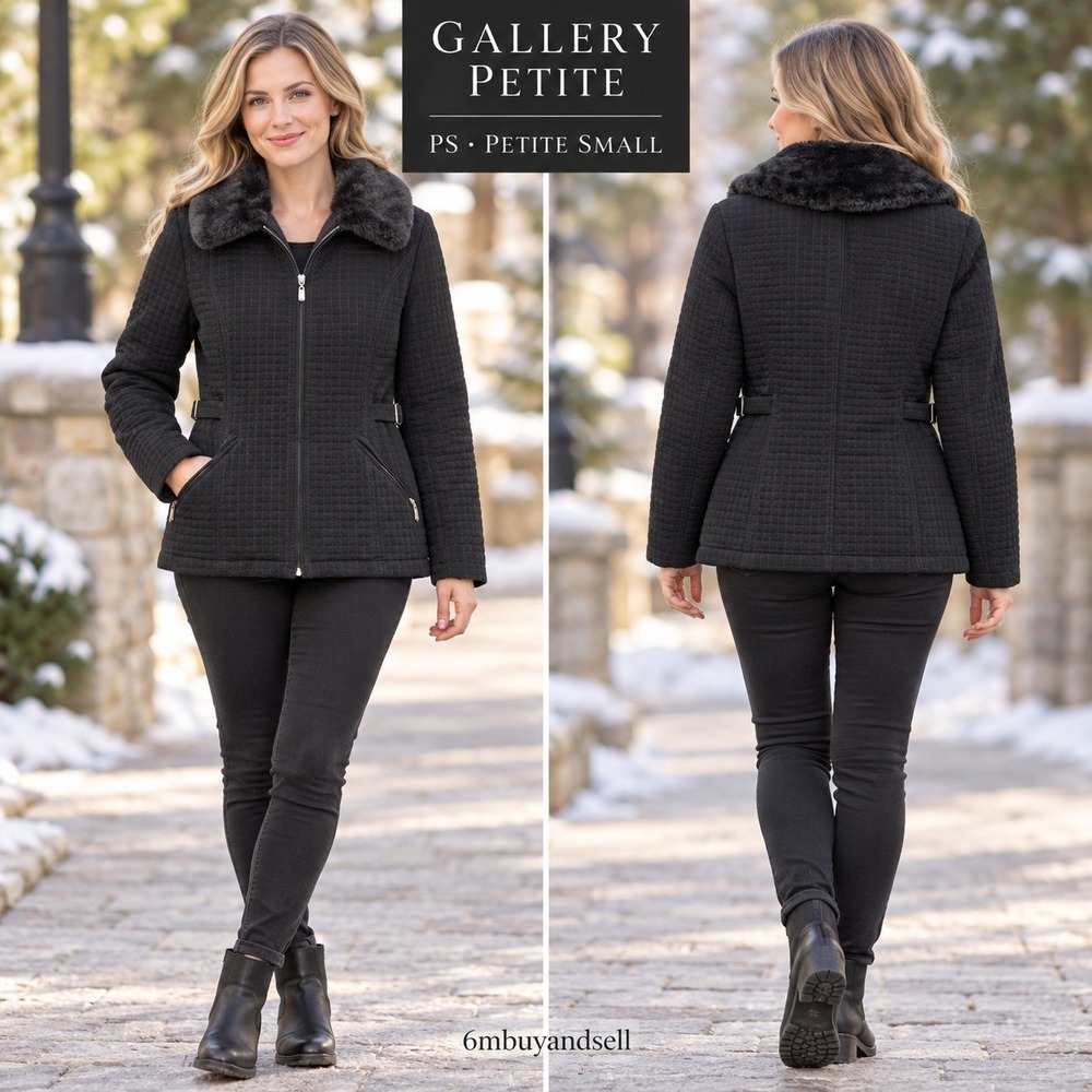 Gallery Petite Black Quilted Jacket Removable Faux Fur Collar Zip Up Size PS